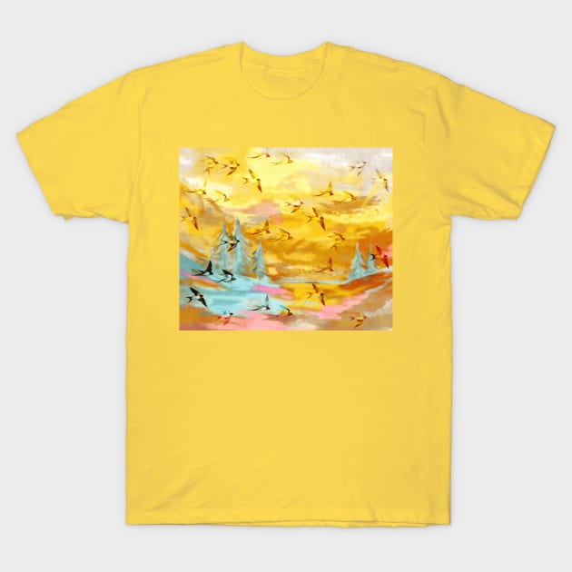 Abstract Landscape with Swallows at Sunset T-Shirt by micklyn